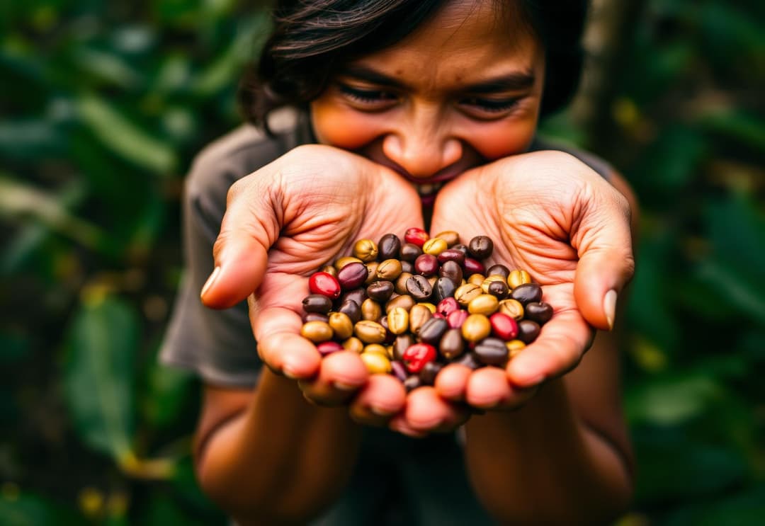 Agricultora segurando grãos de café colhidos